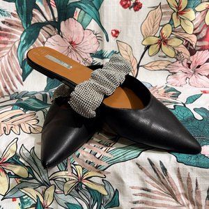 Black and Silver Stretchy Rhinestone Strap Mules